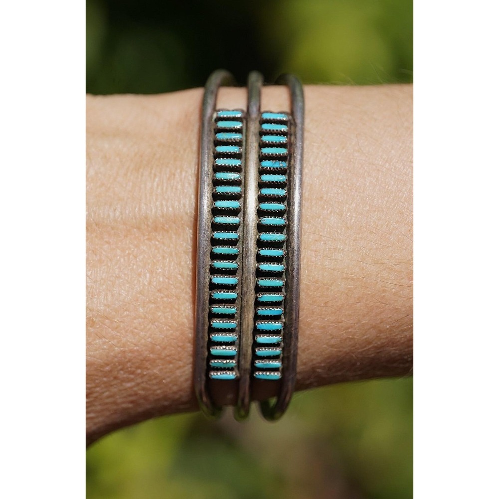 Old Pawn Zuni Native Indian Sterling Silver Needle Point Turquoise Cuff Bracelet - Picture 5 of 8